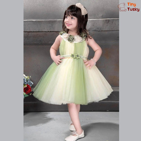 Beautiful Beige And Green Sleeveless Birthday Dress With Flower Belt - Tiny Tusky