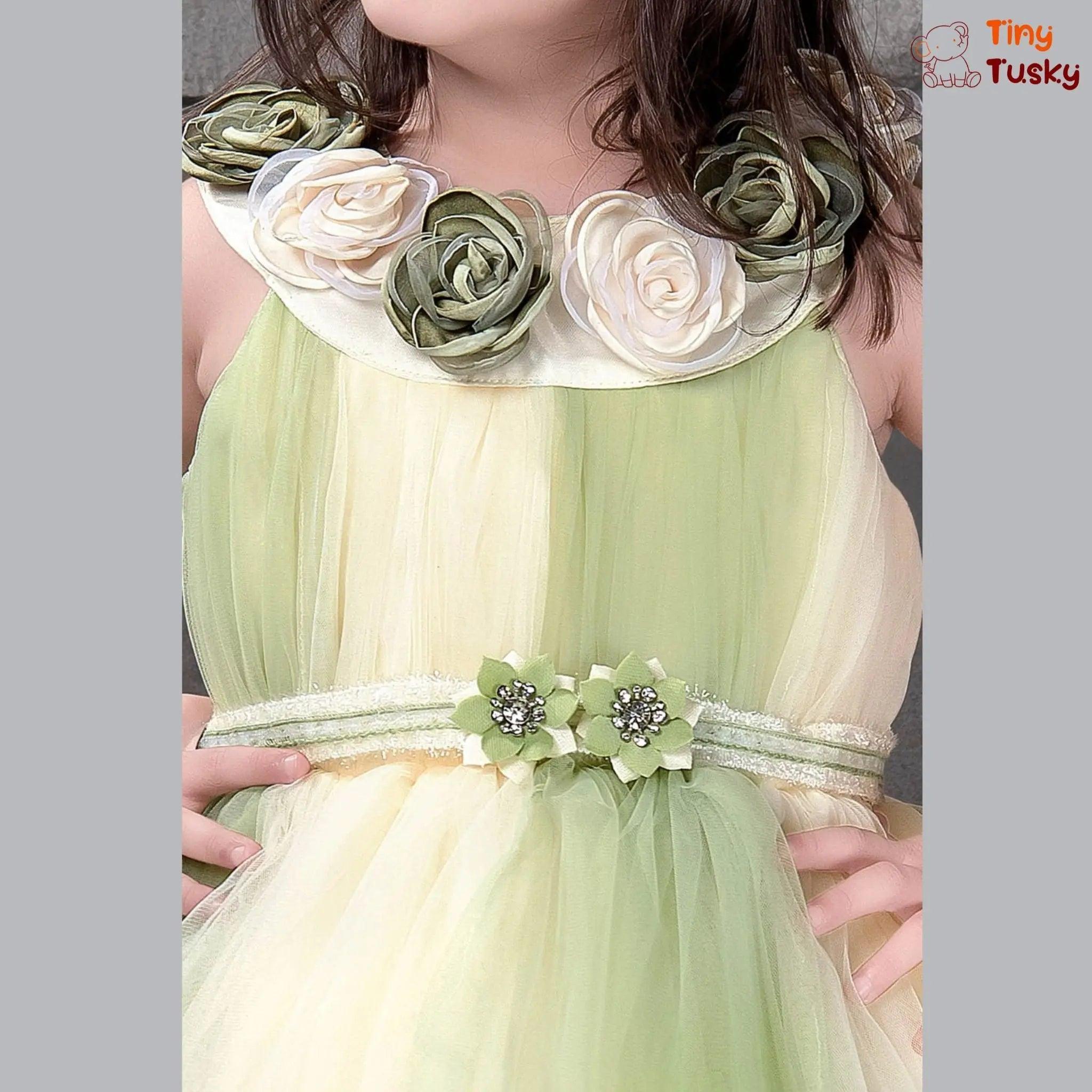 Beautiful Beige And Green Sleeveless Birthday Dress With Flower Belt - Tiny Tusky