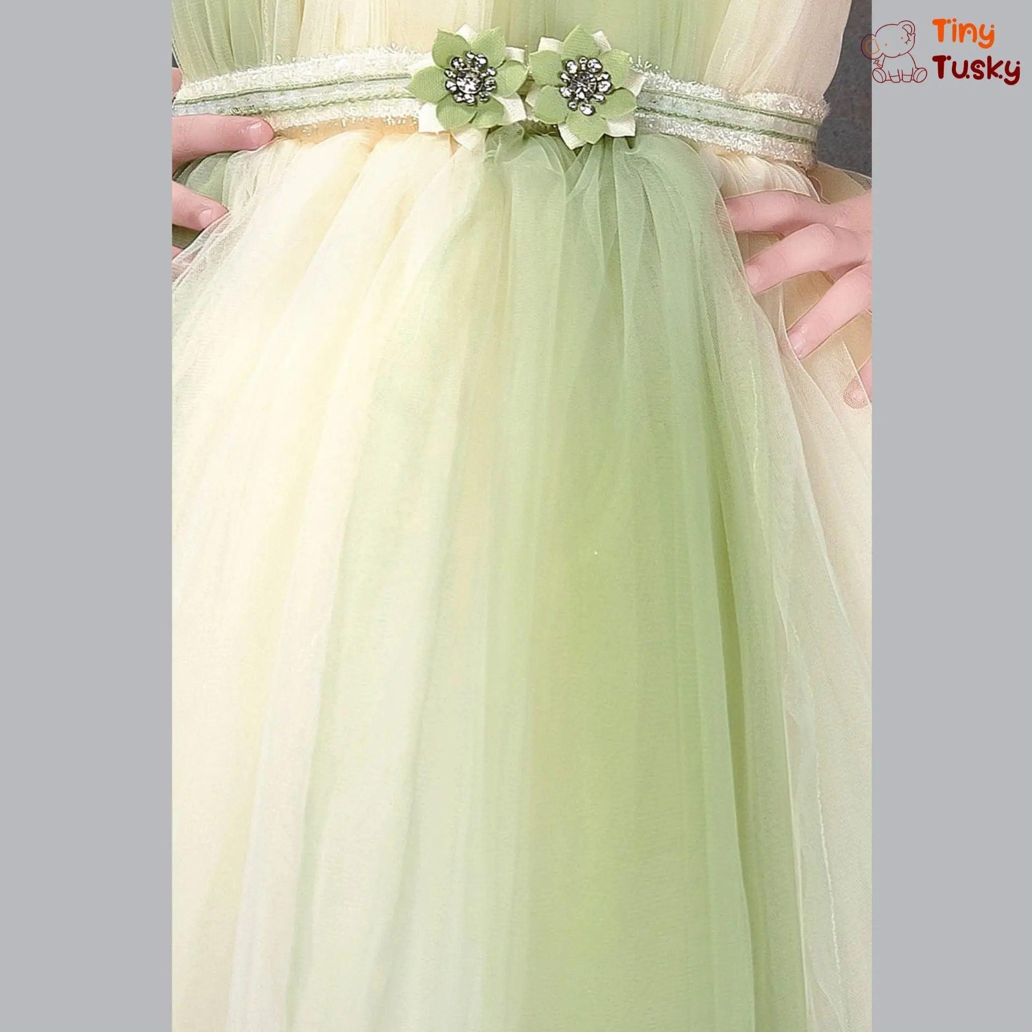 Beautiful Beige And Green Sleeveless Birthday Dress With Flower Belt - Tiny Tusky