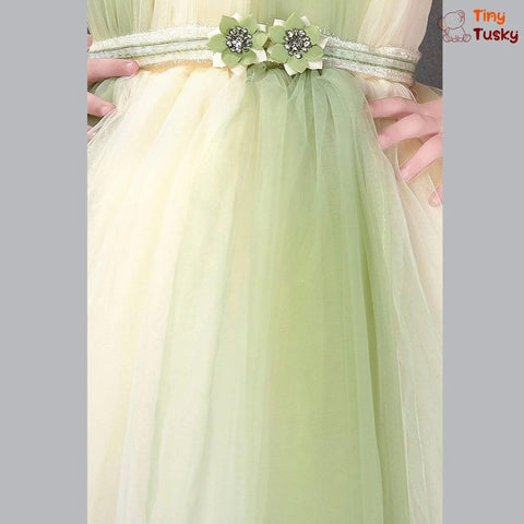 Beautiful Beige And Green Sleeveless Birthday Dress With Flower Belt - Tiny Tusky