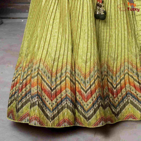 Beautiful Green Embroidered Top With Contrast Yellow Lehenga And Dupatta - Tiny Tusky