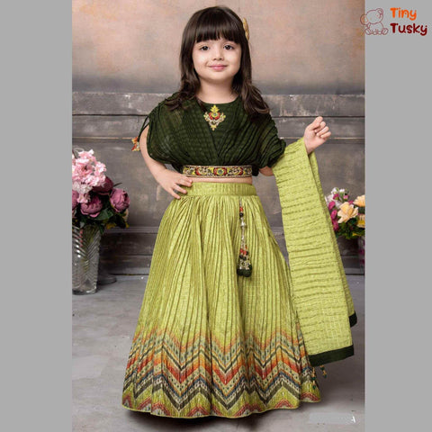 Beautiful Green Embroidered Top With Contrast Yellow Lehenga And Dupatta - Tiny Tusky