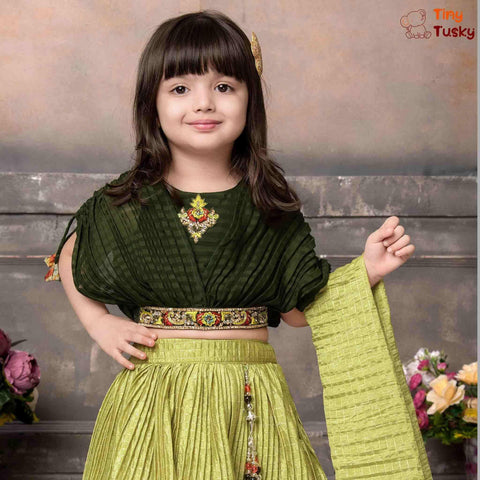 Beautiful Green Embroidered Top With Contrast Yellow Lehenga And Dupatta - Tiny Tusky