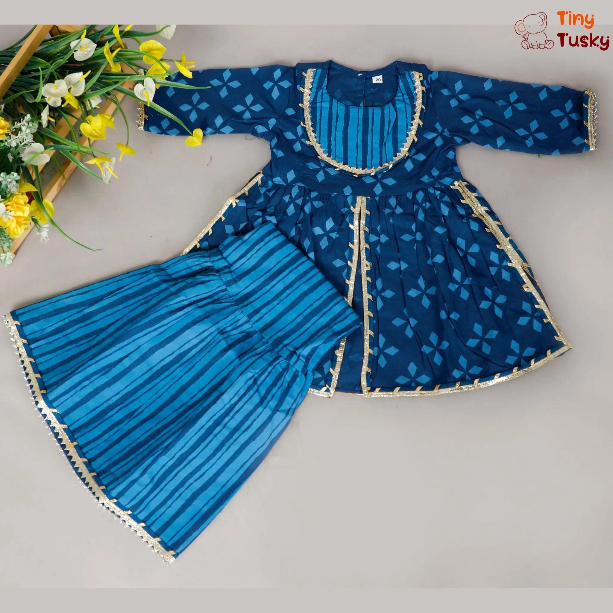 Tiny Tusky Blue Cotton Floral Printed Girls Kurti And Sharara With Dupatta and Gotta Lace - Tiny Tusky