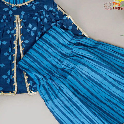 Tiny Tusky Blue Cotton Floral Printed Girls Kurti And Sharara With Dupatta and Gotta Lace - Tiny Tusky
