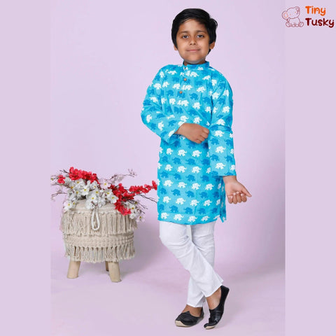 Boys Blue Cotton Elephant Kurta And White Pajama - Tiny Tusky