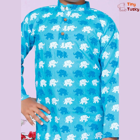 Boys Blue Cotton Elephant Kurta And White Pajama - Tiny Tusky