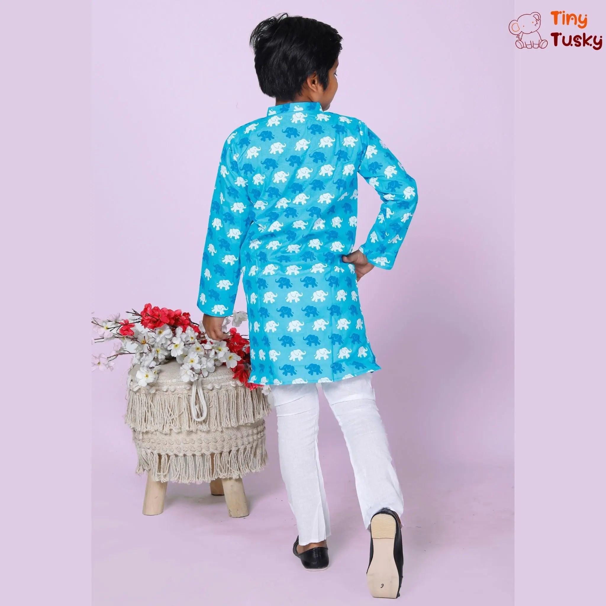 Boys Blue Cotton Elephant Kurta And White Pajama - Tiny Tusky