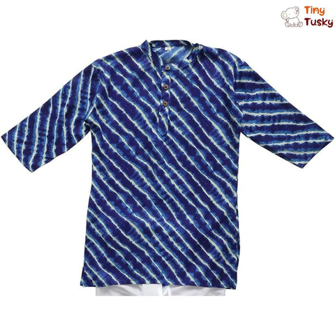 Blue Boys Cotton Leheriya Kurta With White Pajama - Tiny Tusky