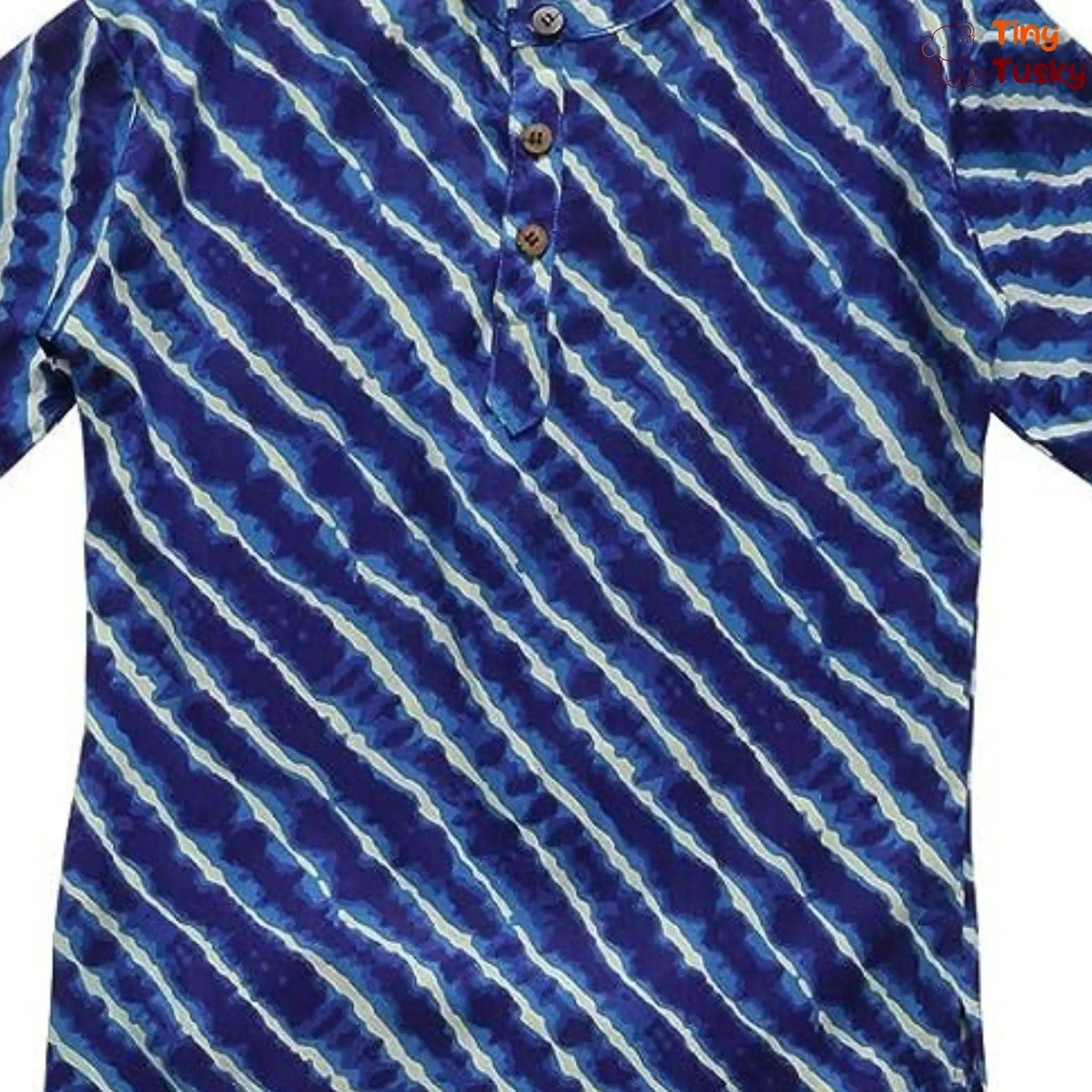 Blue Boys Cotton Leheriya Kurta With White Pajama - Tiny Tusky