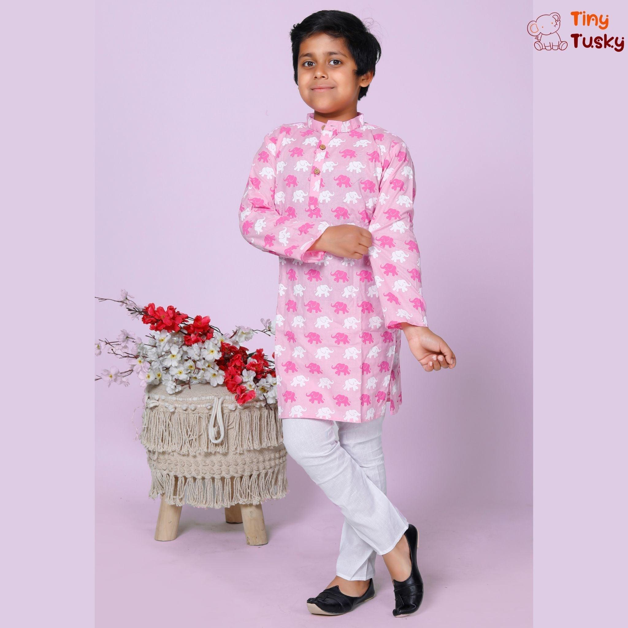 Boys Pink Cotton Elephant Kurta And White Pajama - Tiny Tusky