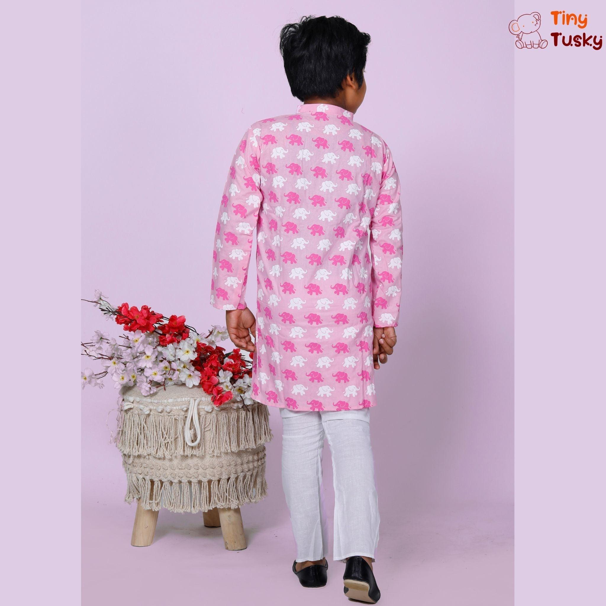 Boys Pink Cotton Elephant Kurta And White Pajama - Tiny Tusky