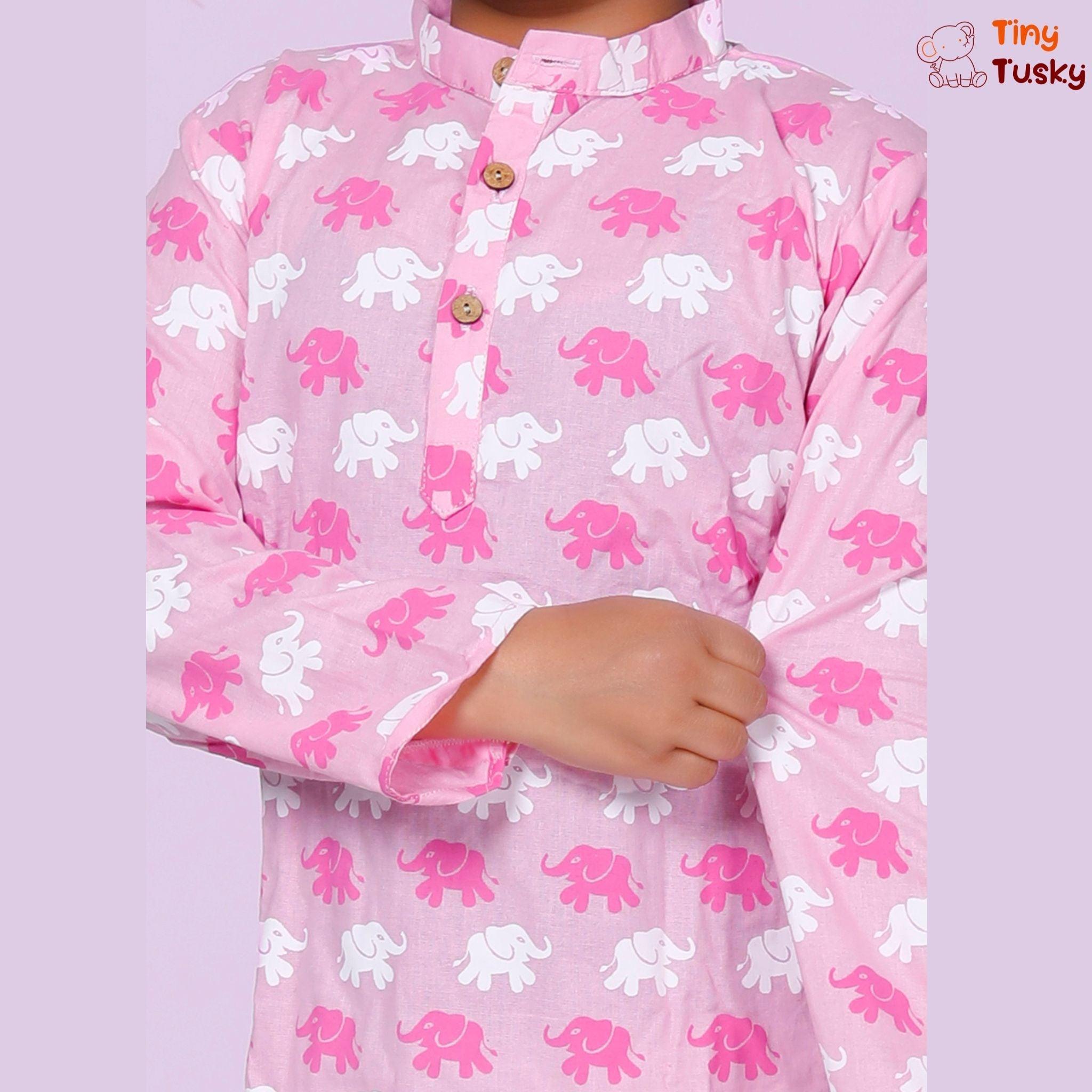 Boys Pink Cotton Elephant Kurta And White Pajama - Tiny Tusky