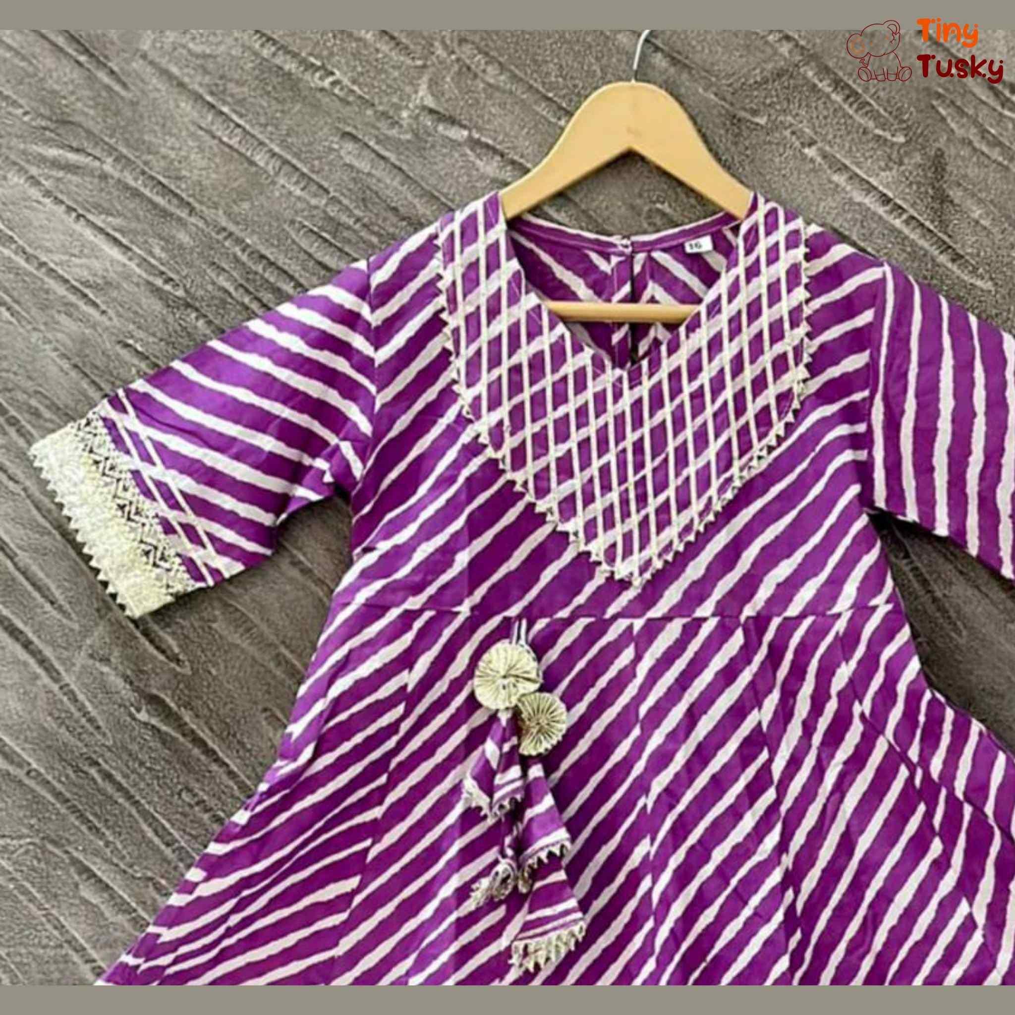 Cotton Leheriya Purple Anarkali Gota Work Kurta With Pajama - Tiny Tusky
