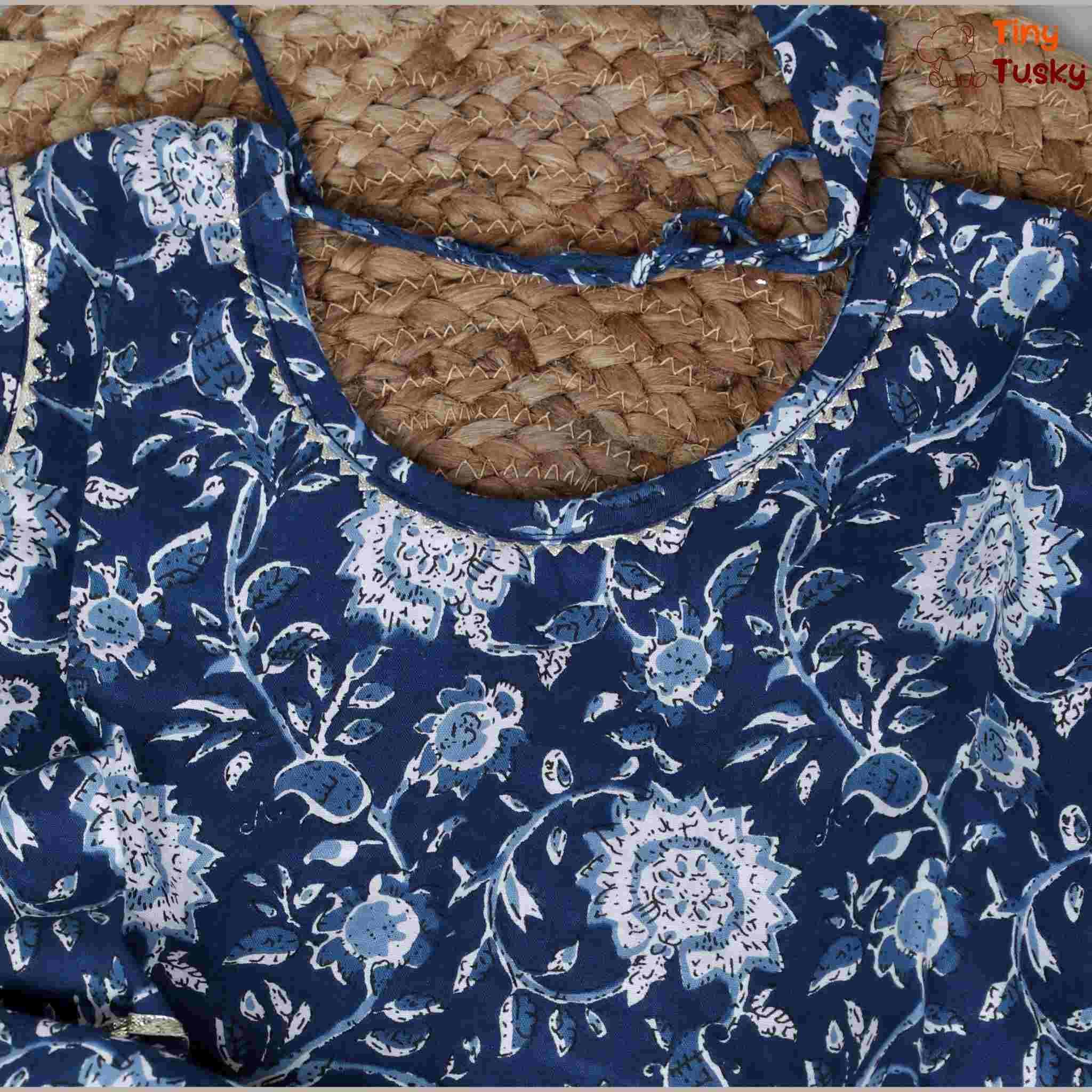 Cotton Sleeveless Floral Top And Lehenga With Dupatta And Gota Lace - Tiny Tusky