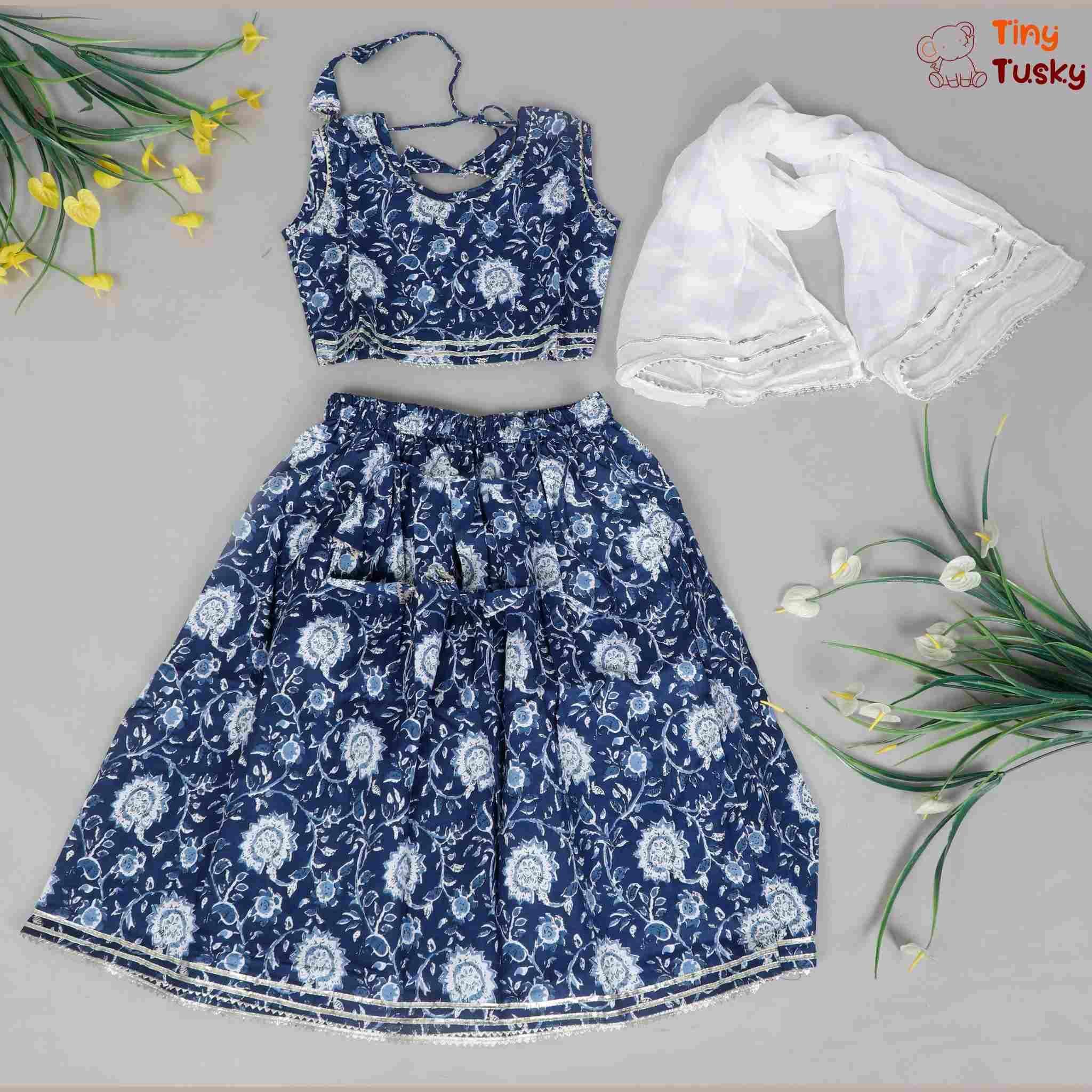 Cotton Sleeveless Floral Top And Lehenga With Dupatta And Gota Lace - Tiny Tusky