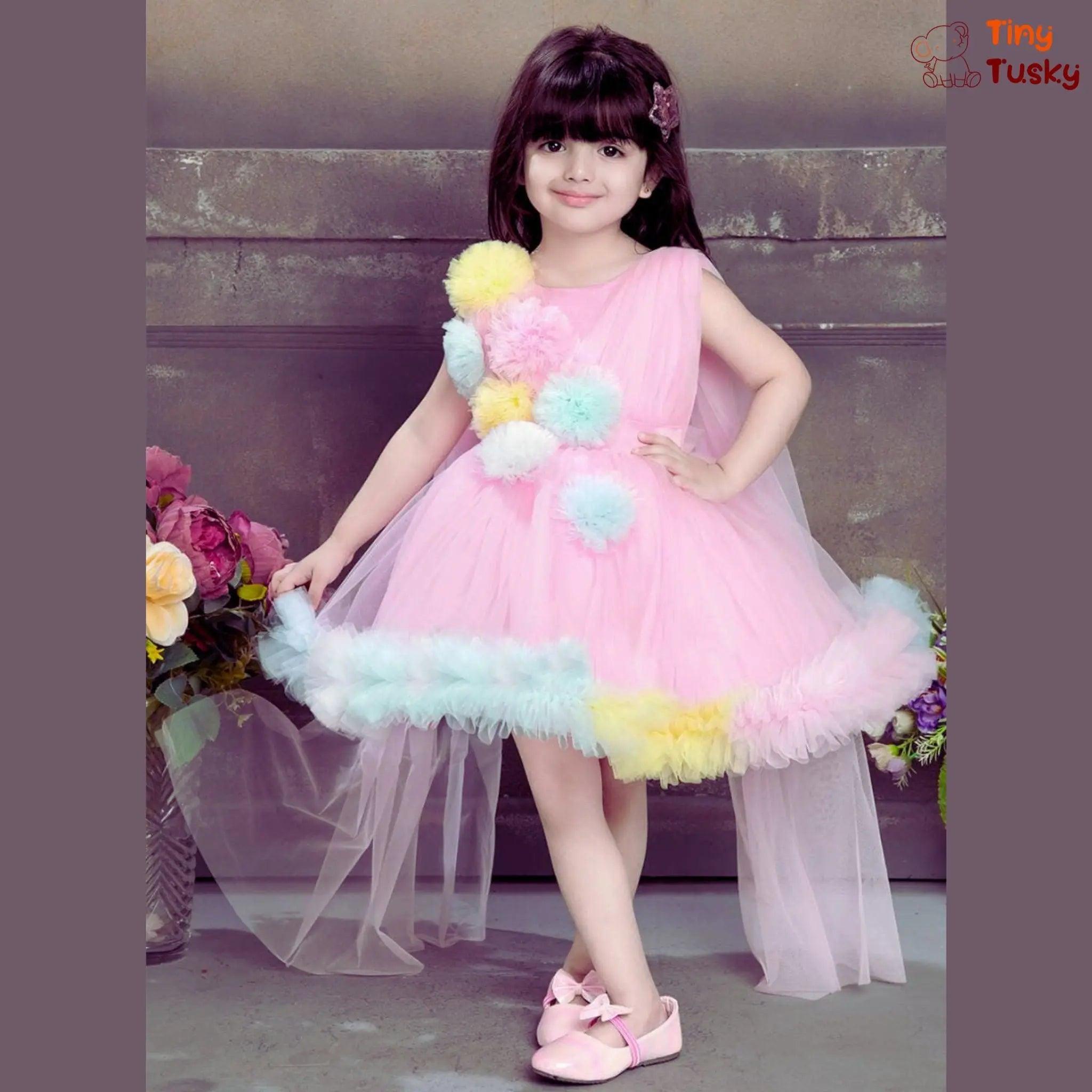 Elegant Pink Puff Multicolor Flower Dress With Long Sleeve Trail - Tiny Tusky