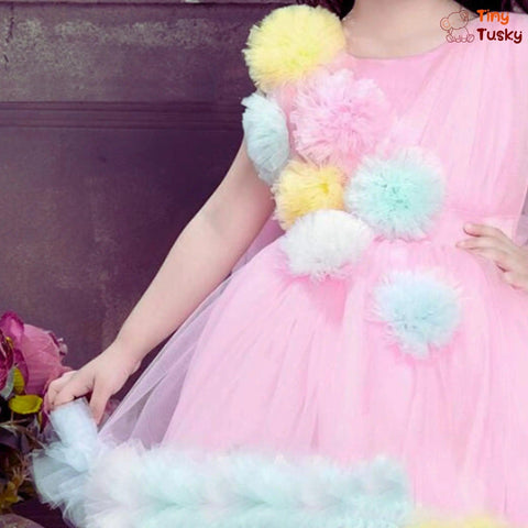 Elegant Pink Puff Multicolor Flower Dress With Long Sleeve Trail - Tiny Tusky