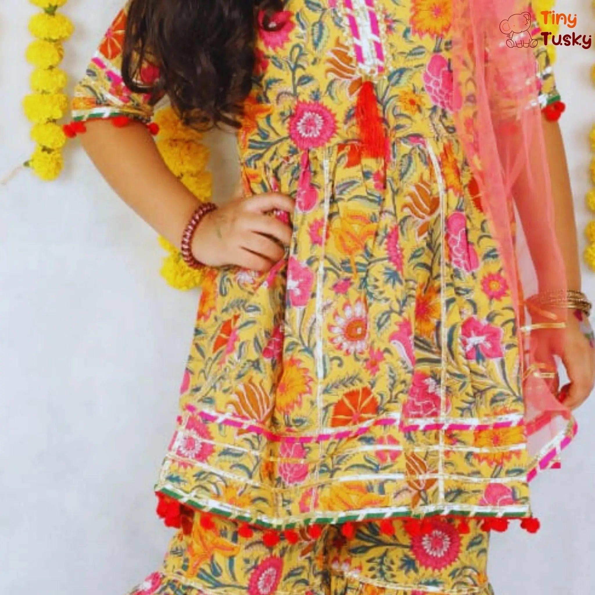 Floral Print Sharara Set With Gotta And Pompom Lace - Tiny Tusky