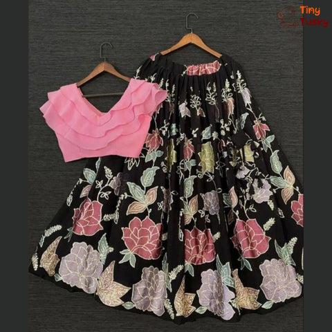 Georgette Triple Layered Flap Pink Top With Thread Embroidery Black Lehenga - Tiny Tusky