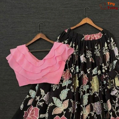 Georgette Triple Layered Flap Pink Top With Thread Embroidery Black Lehenga - Tiny Tusky