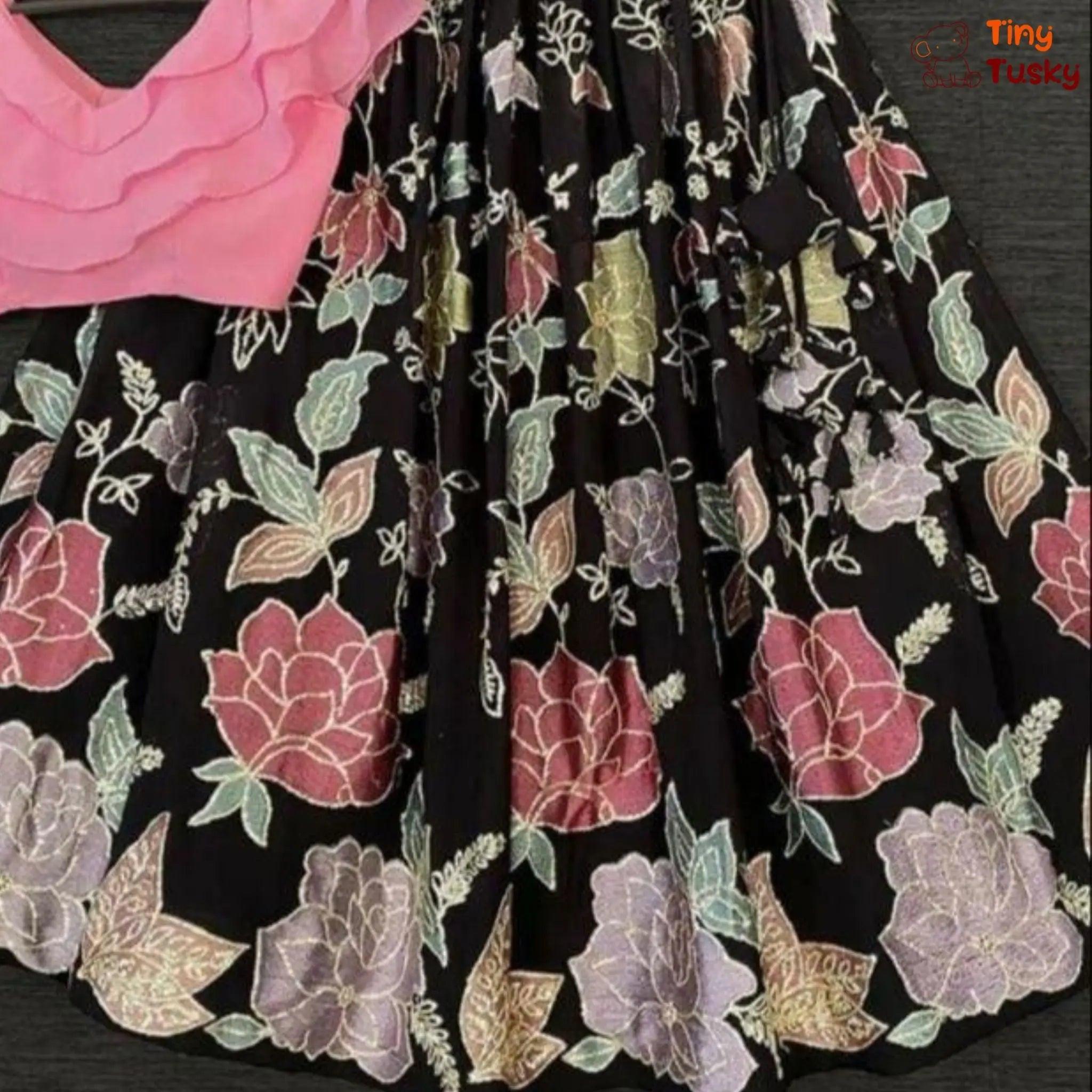 Georgette Triple Layered Flap Pink Top With Thread Embroidery Black Lehenga - Tiny Tusky