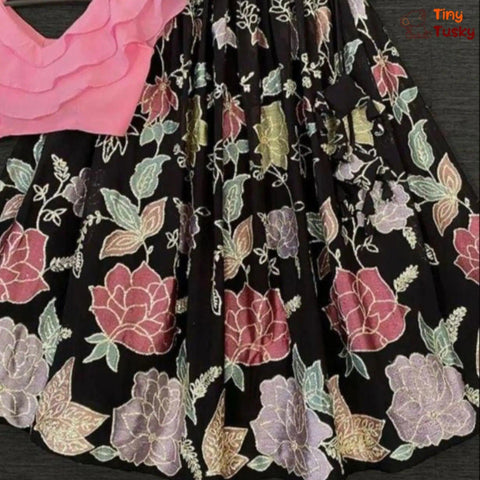 Georgette Triple Layered Flap Pink Top With Thread Embroidery Black Lehenga - Tiny Tusky
