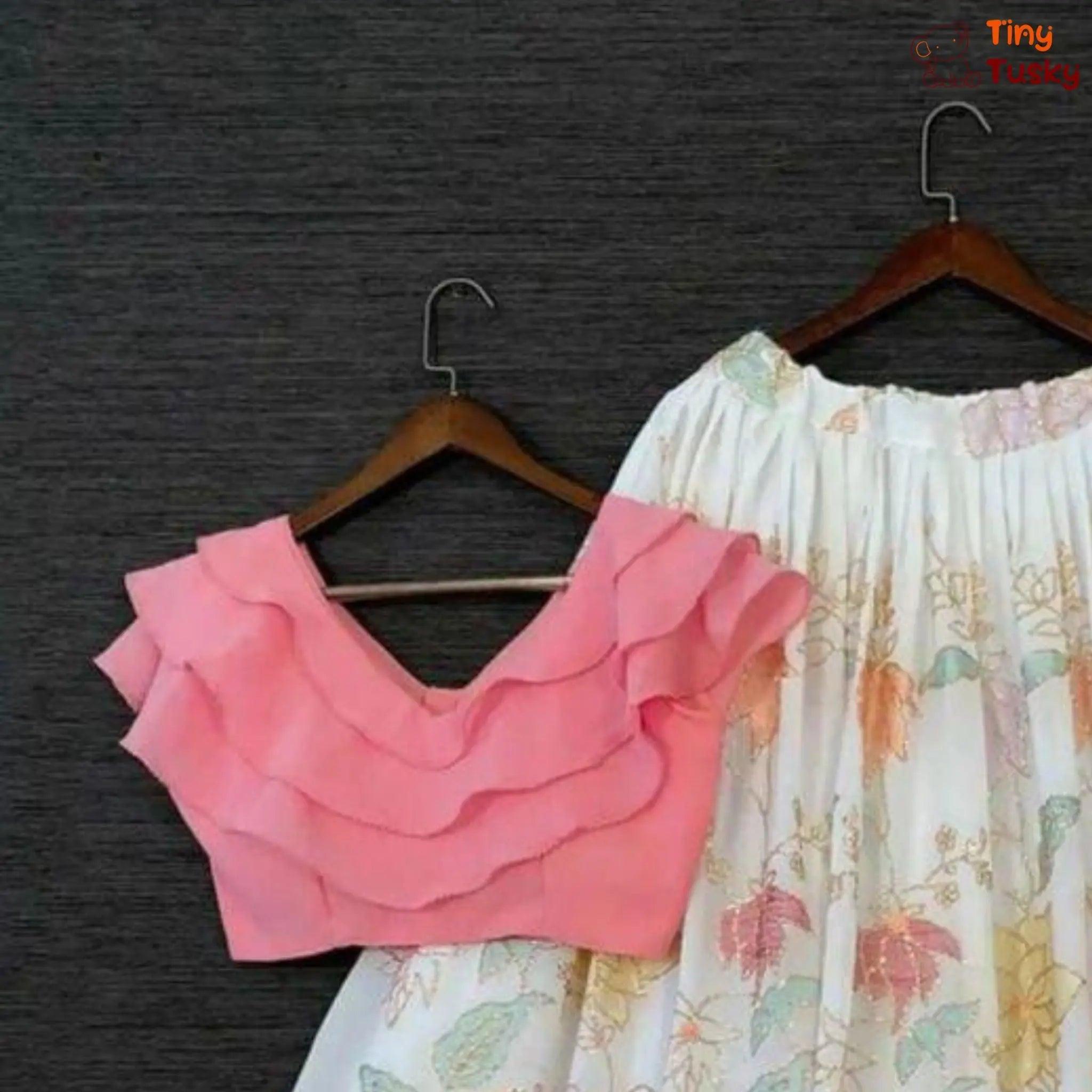 Georgette Triple Layered Flap Pink Top With Thread Embroidery White Lehenga - Tiny Tusky