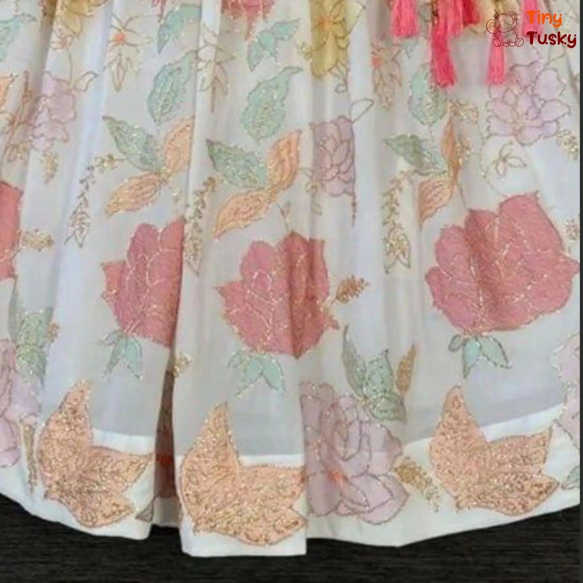 Georgette Triple Layered Flap Pink Top With Thread Embroidery White Lehenga - Tiny Tusky