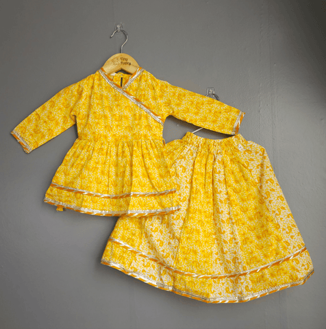 Yellow Cotton Girls Peplum Top And Lehnga With Gotta Lace - Tiny Tusky