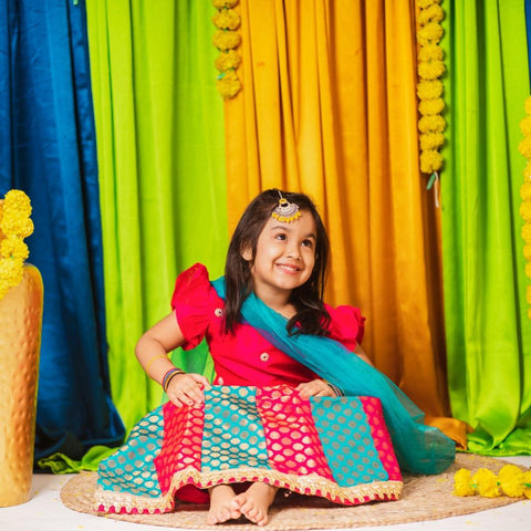 Vibrant Pink Girls Brocade Lehenga With Silk Top And Dupatta - Tiny Tusky
