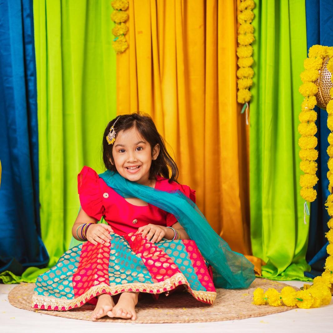 Vibrant Pink Girls Brocade Lehenga With Silk Top And Dupatta - Tiny Tusky