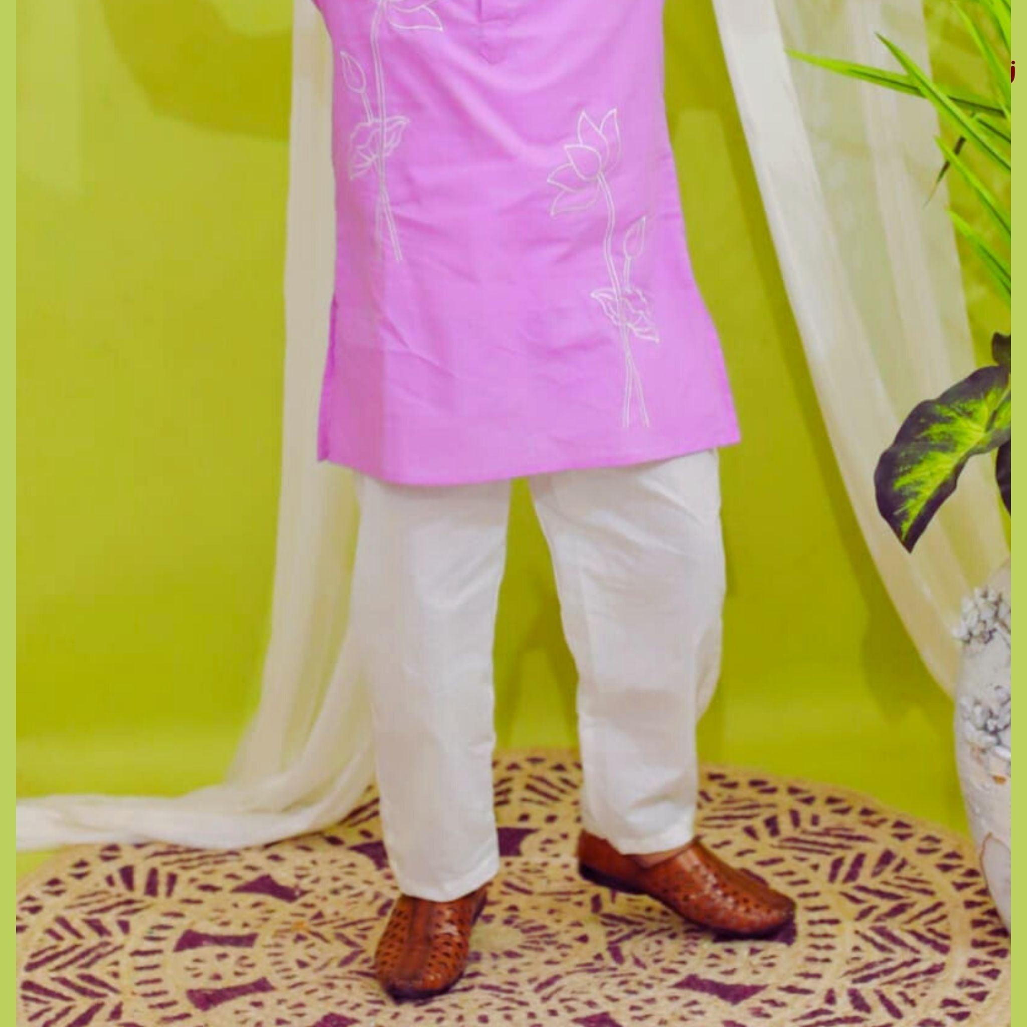 Mauve Kurta with Lotus Motive And White Pajama - Tiny Tusky