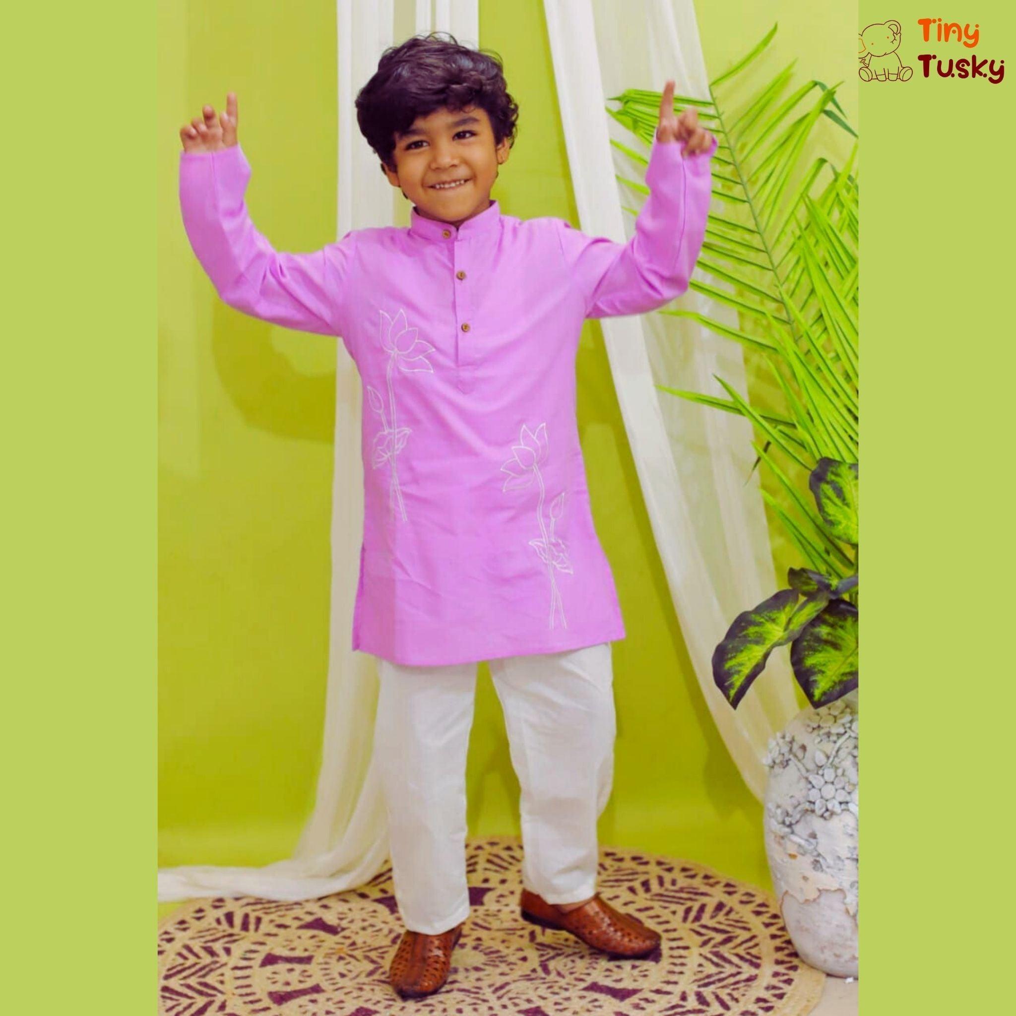 Mauve Kurta with Lotus Motive And White Pajama - Tiny Tusky
