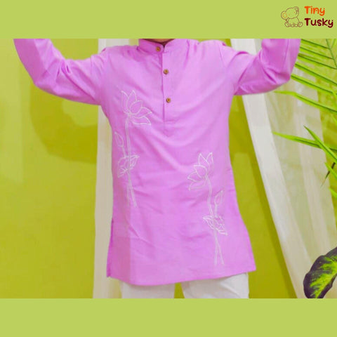 Mauve Kurta with Lotus Motive And White Pajama - Tiny Tusky