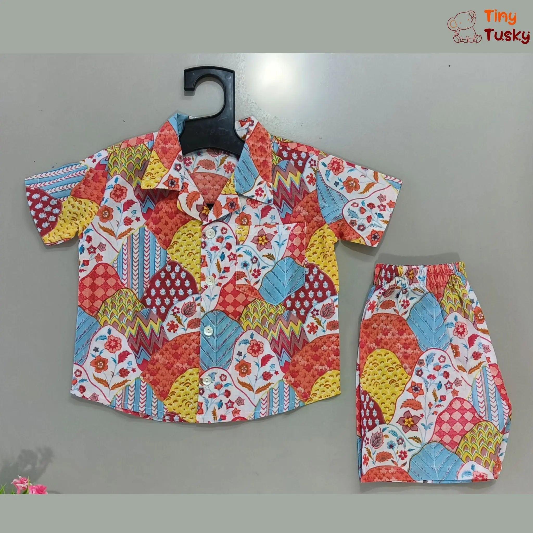 Multicolor Cotton Co-Ord Shirt And Shorts - Tiny Tusky