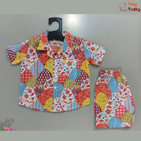 Multicolor Cotton Co-Ord Shirt And Shorts - Tiny Tusky