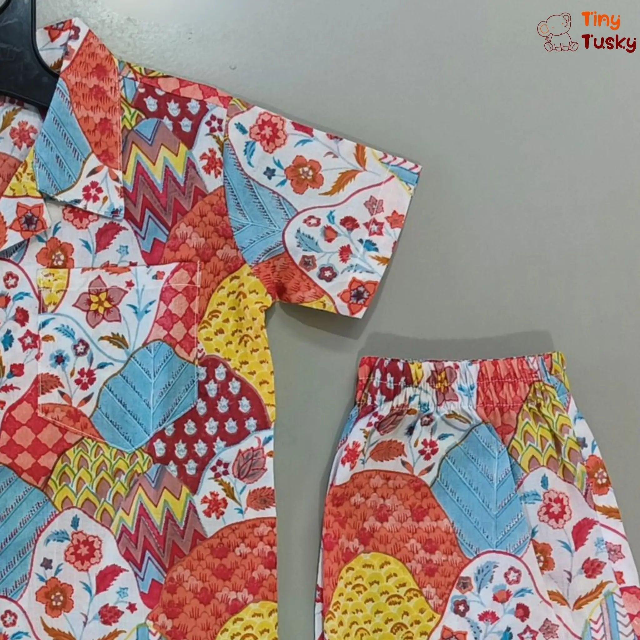 Multicolor Cotton Co-Ord Shirt And Shorts - Tiny Tusky