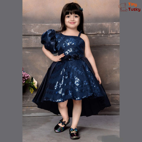 One Shoulder Stylish Blue Sequins Party Dress - Tiny Tusky