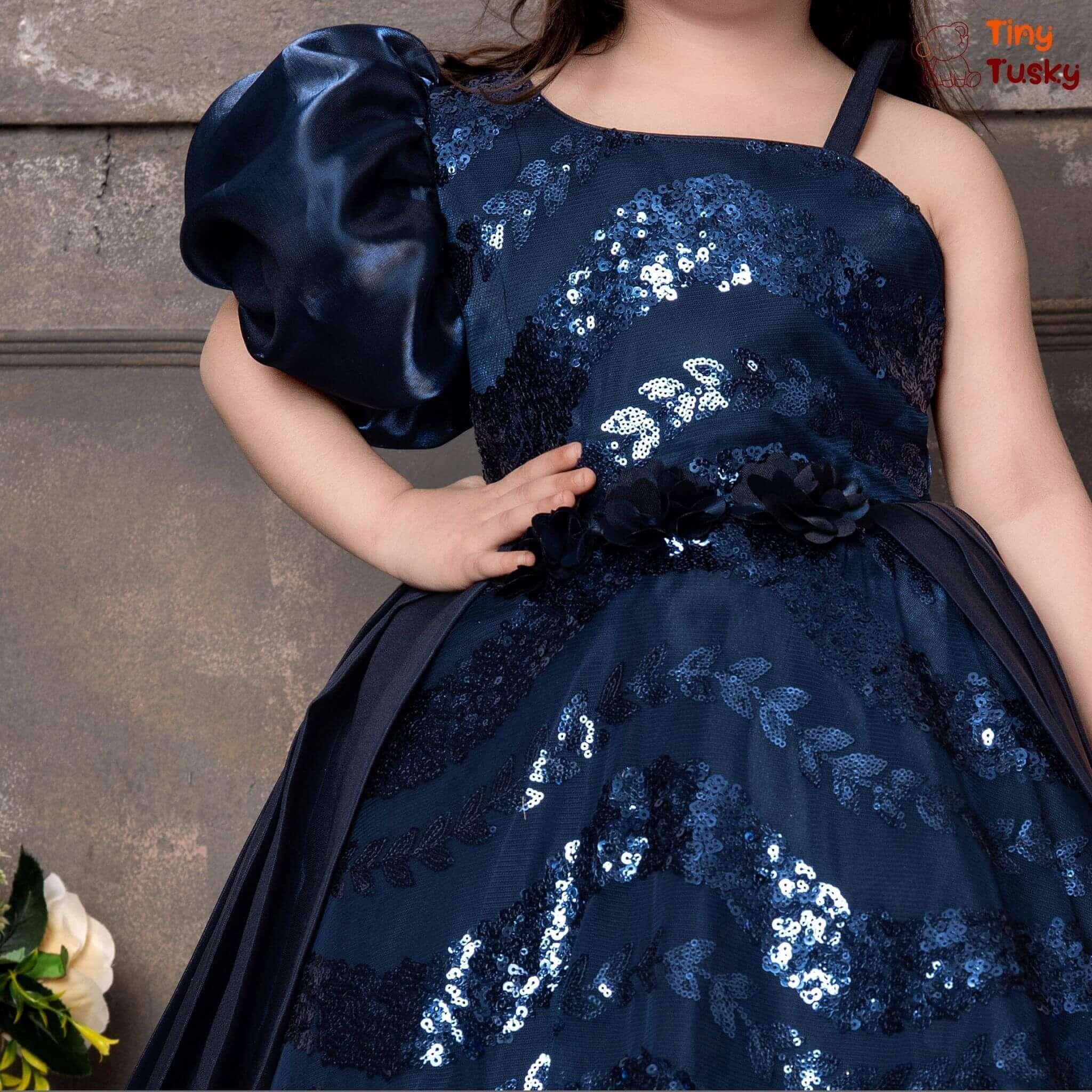 One Shoulder Stylish Blue Sequins Party Dress - Tiny Tusky