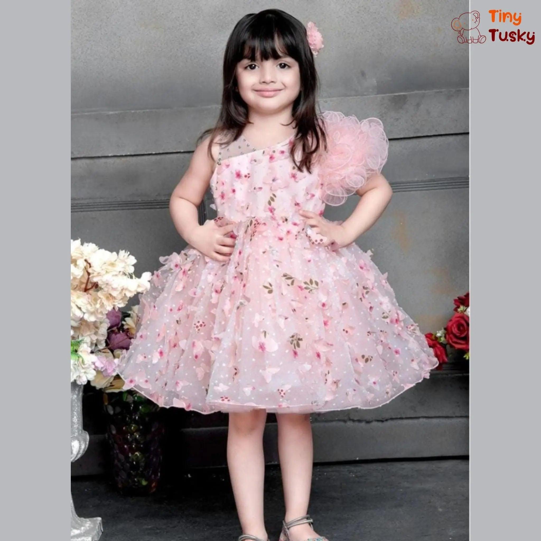 Girls Pretty Peach Puff Flower Dress With Stylish One Shoulder - Tiny Tusky