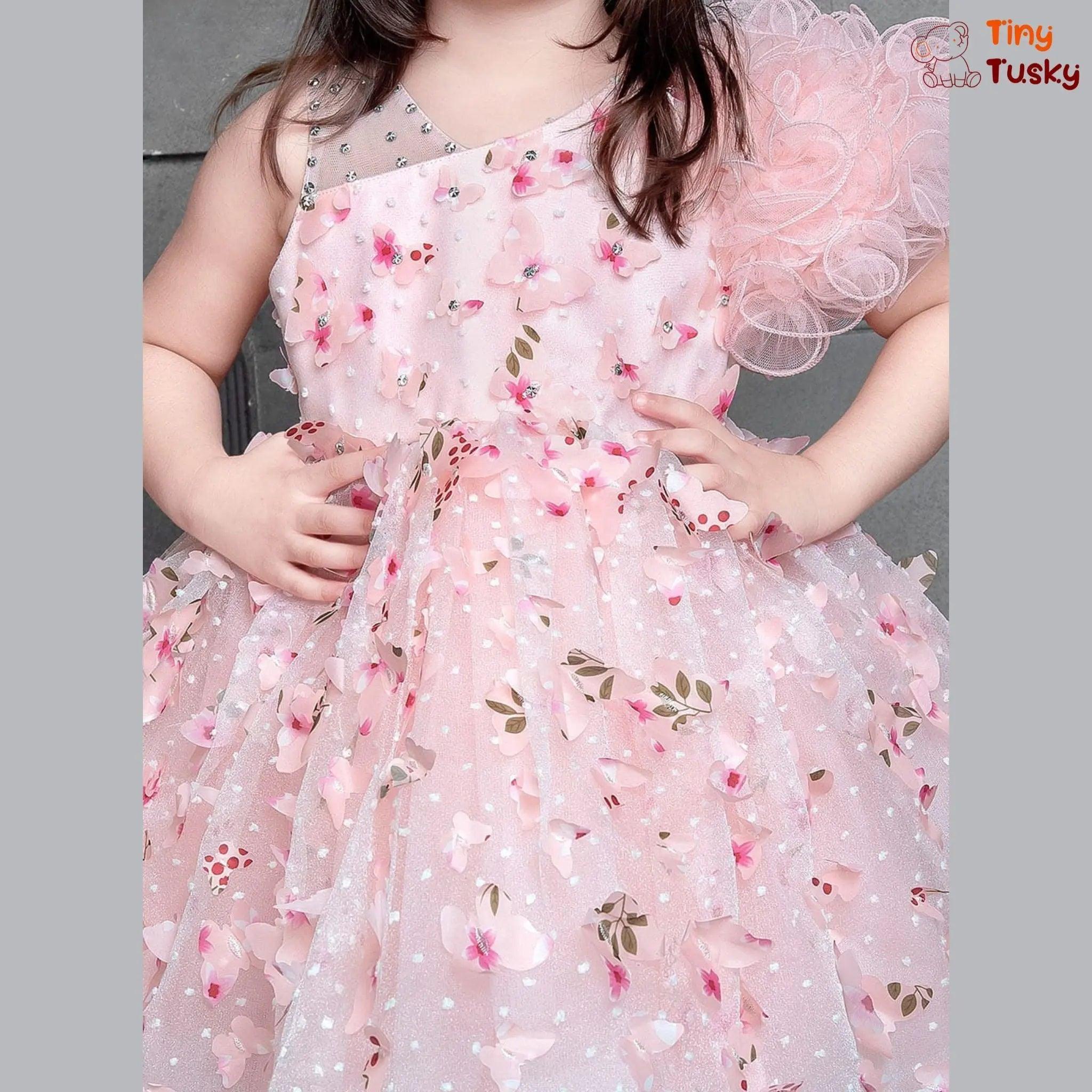 Girls Pretty Peach Puff Flower Dress With Stylish One Shoulder - Tiny Tusky