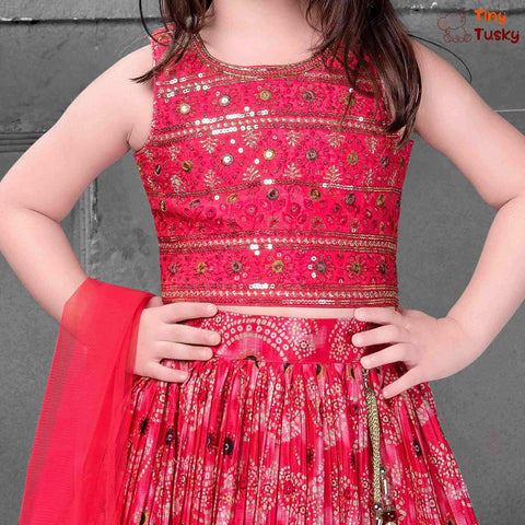 Red Festive Lehenga Top And Dupatta With Embroidery And Faux Mirror Work - Tiny Tusky