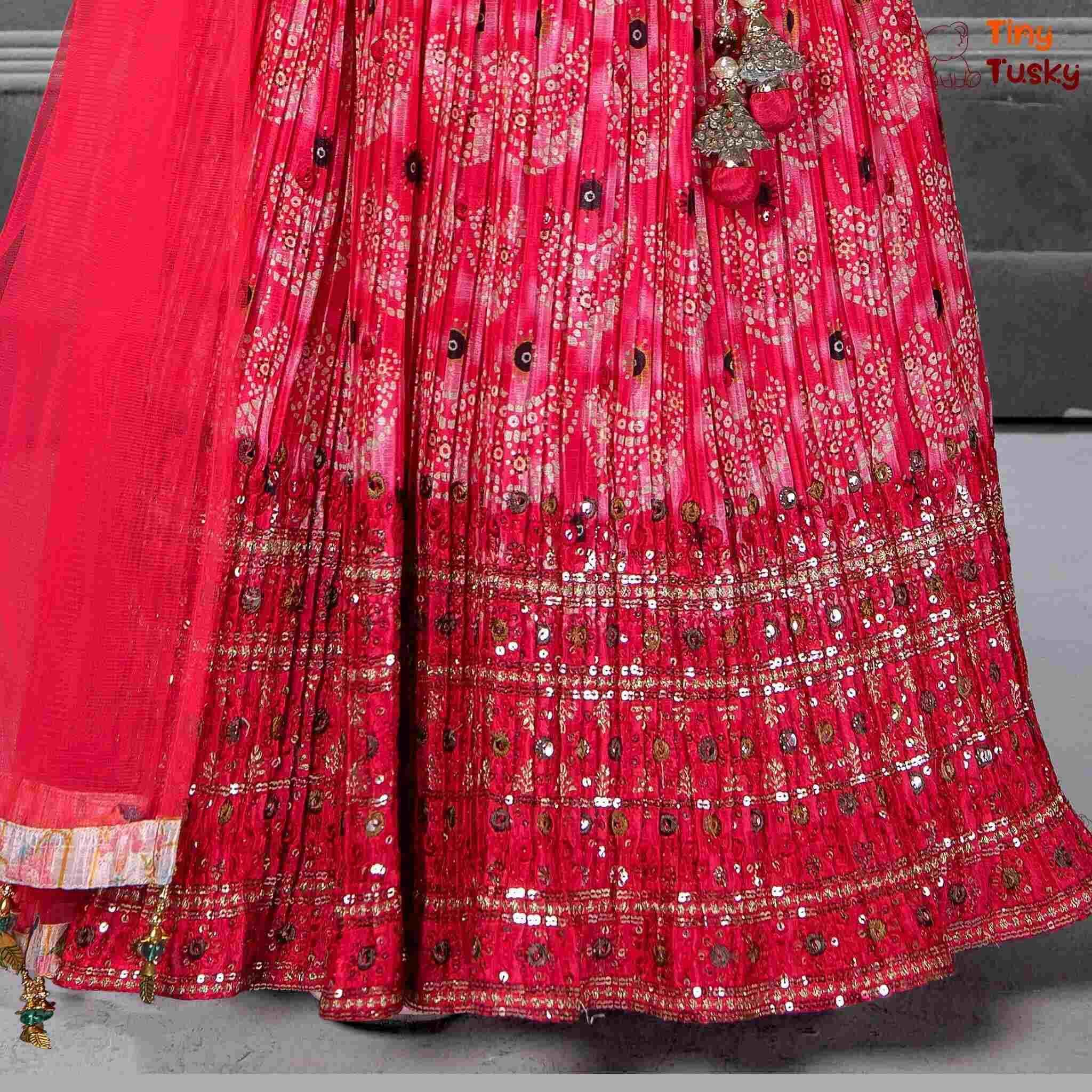 Red Festive Lehenga Top And Dupatta With Embroidery And Faux Mirror Work - Tiny Tusky