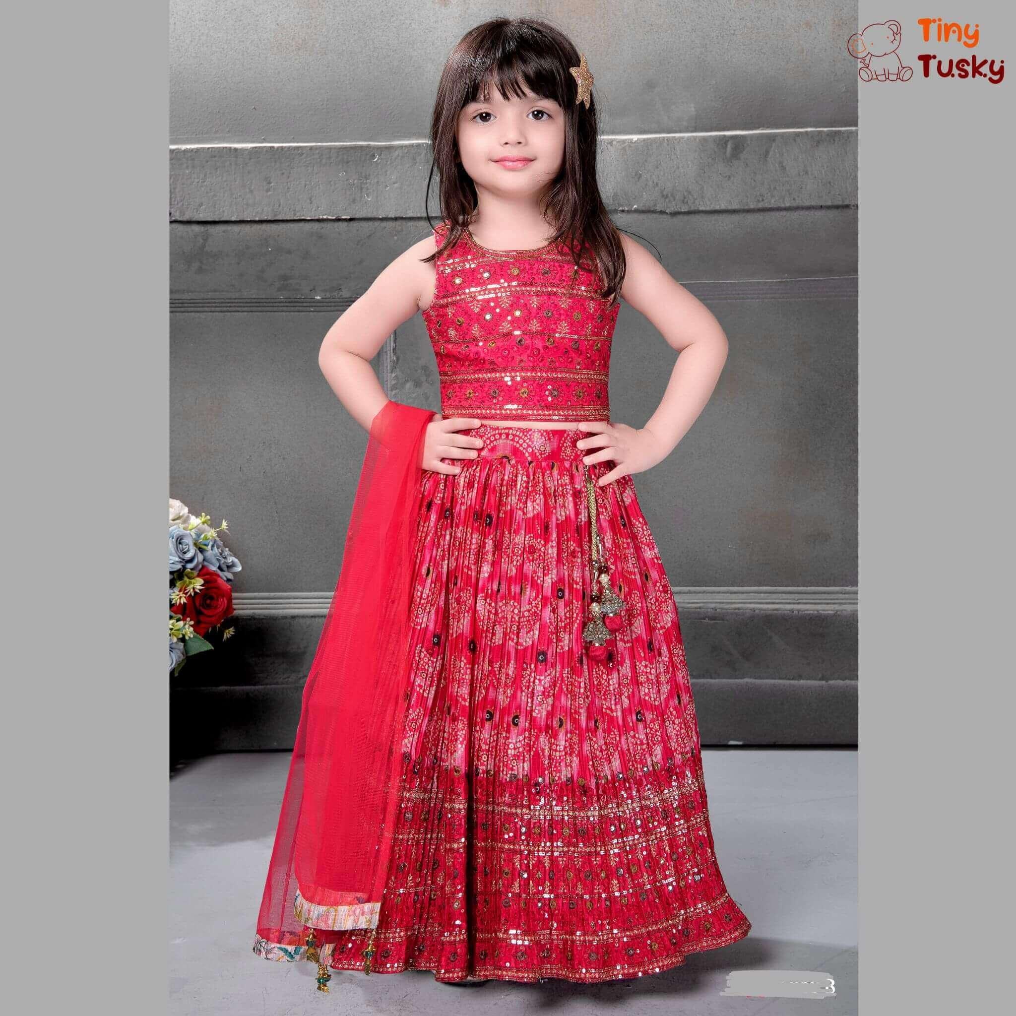 Red Festive Lehenga Top And Dupatta With Embroidery And Faux Mirror Work - Tiny Tusky