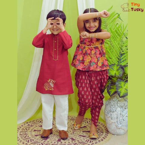 Red One Shoulder Top With Stylish Dhoti - Tiny Tusky