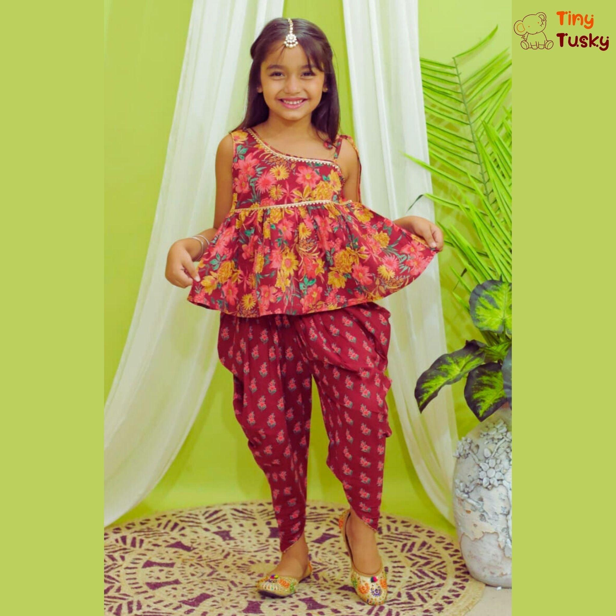 Red One Shoulder Top With Stylish Dhoti - Tiny Tusky