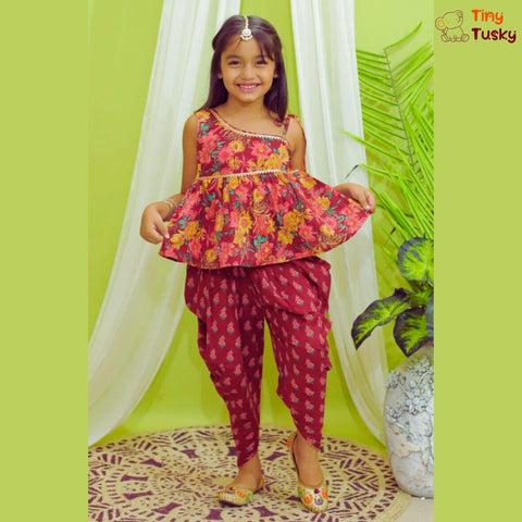 Red One Shoulder Top With Stylish Dhoti - Tiny Tusky