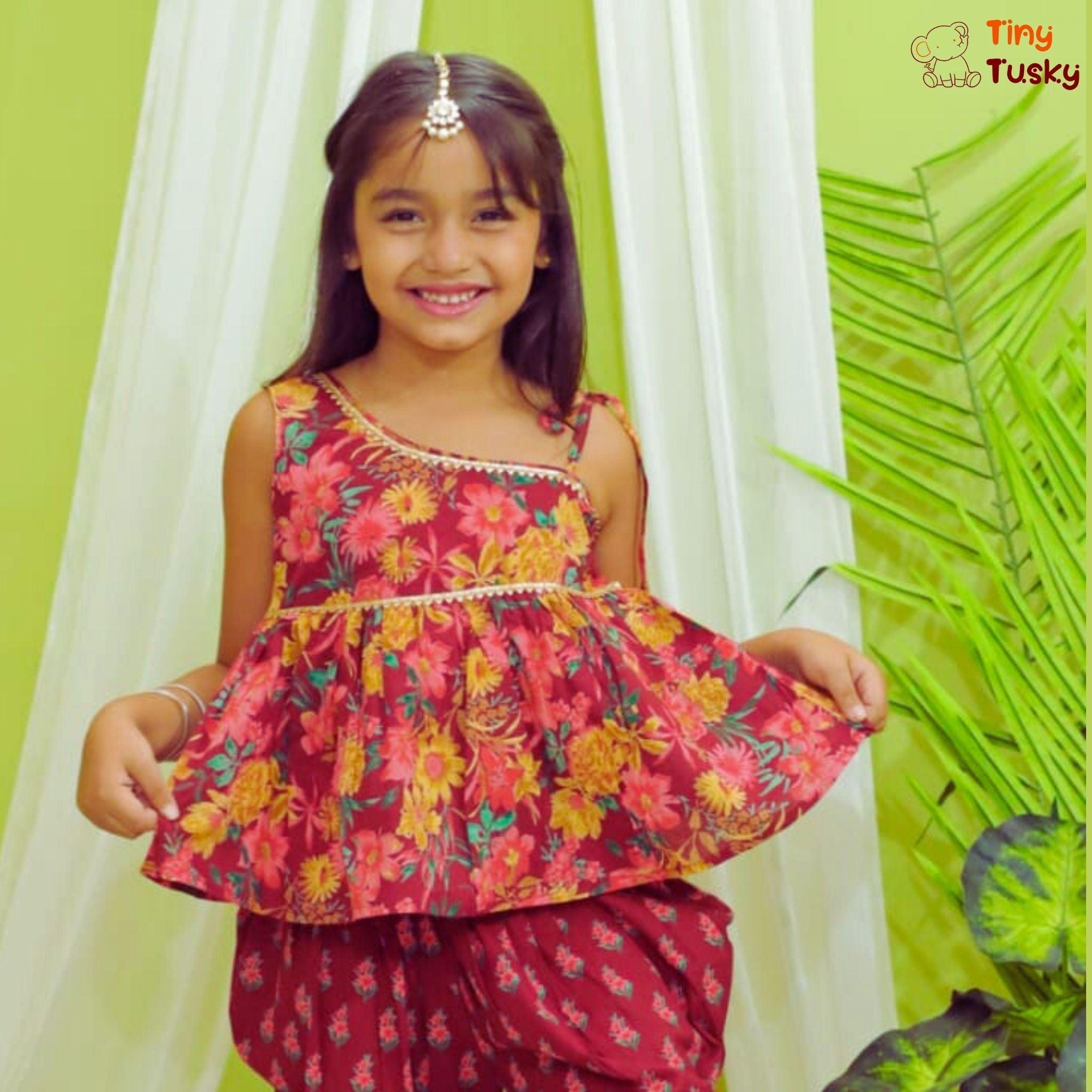 Red One Shoulder Top With Stylish Dhoti - Tiny Tusky