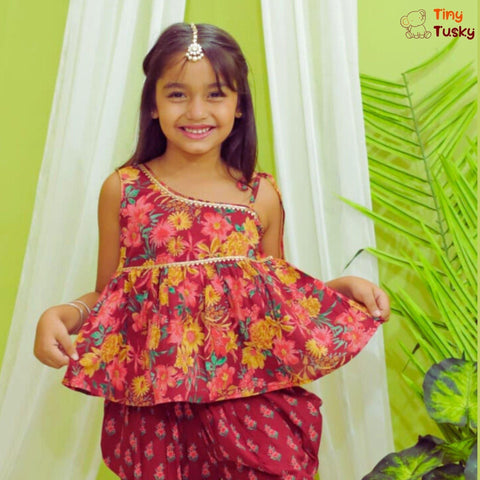 Red One Shoulder Top With Stylish Dhoti - Tiny Tusky